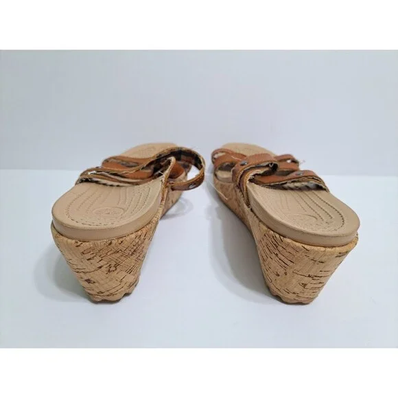 Crocs A-leigh Women's 9 Wedge Sandals Brown Leather Cork Strappy - Picture 7 of 10